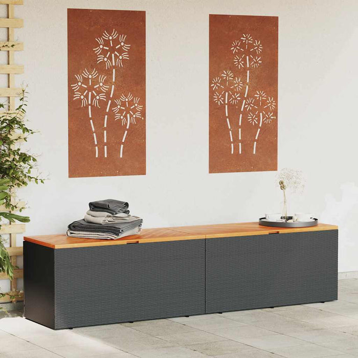 Ladă depozitare grădină negru 220x50x54cm poliratan lemn acacia WALTI