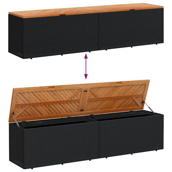 Ladă depozitare grădină negru 220x50x54cm poliratan lemn acacia WALTI