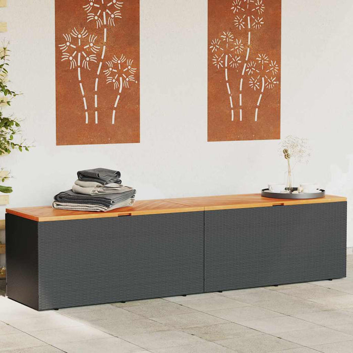 Ladă depozitare grădină negru 220x50x54cm poliratan lemn acacia WALTI