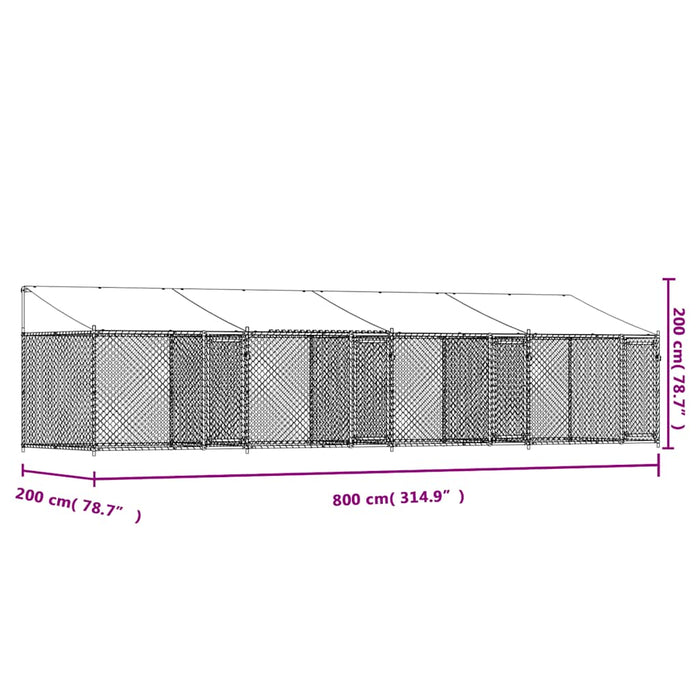 Cușcă câini cu acoperiș și uși, gri, 8x2x2 m, oțel galvanizat - WALTI WALTI