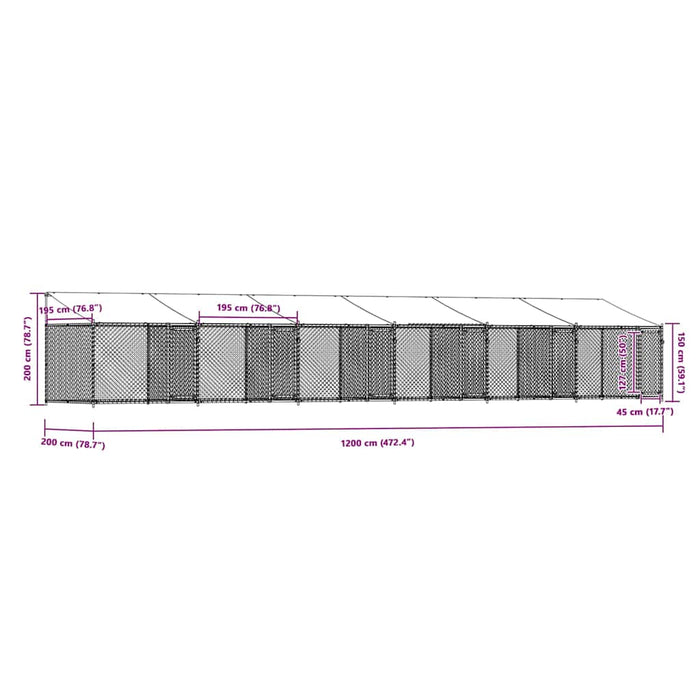 Cușcă câini cu acoperiș și uși, gri, 12x2x2 m, oțel galvanizat - WALTI WALTI