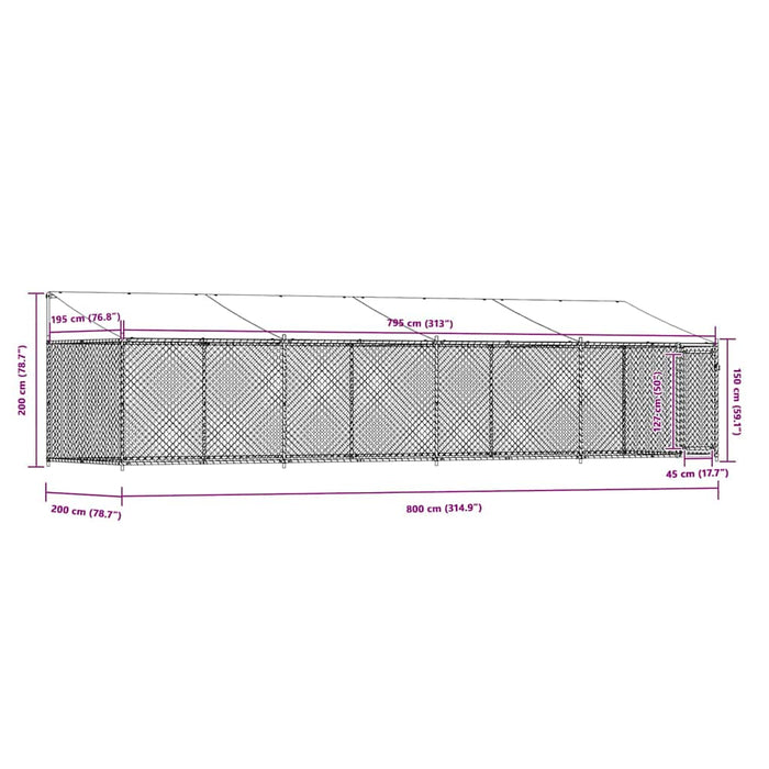 Cușcă câini cu acoperiș și uși, gri, 8x2x2 m, oțel galvanizat - WALTI WALTI