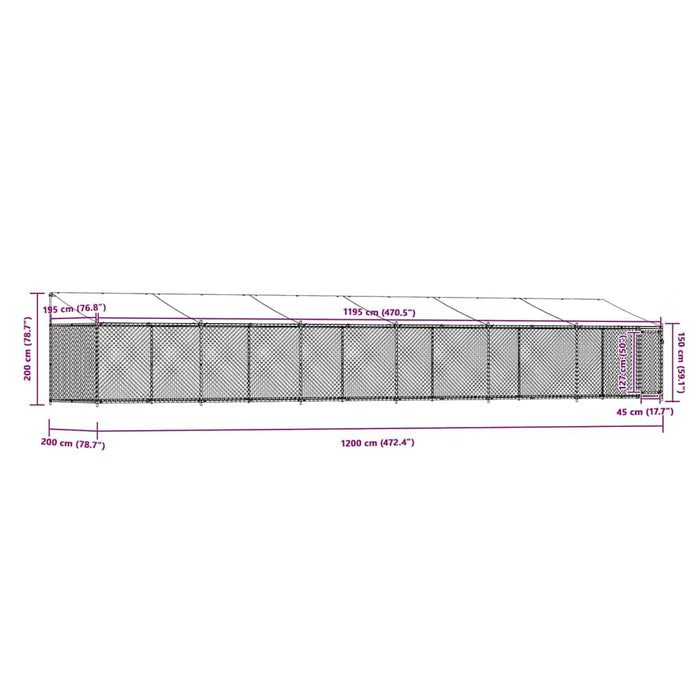 Cușcă câini cu acoperiș și ușă, gri, 12x2x2 m, oțel galvanizat - WALTI WALTI