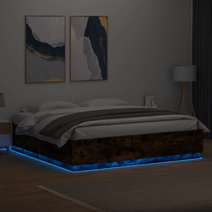 Cadru de pat cu LED stejar fumuriu 200x200cm lemn prelucrat - WALTI WALTI