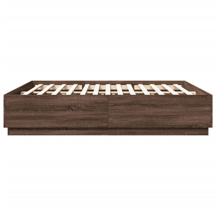 Cadru de pat cu lumini LED stejar maro 200x200cm lemn prelucrat WALTI