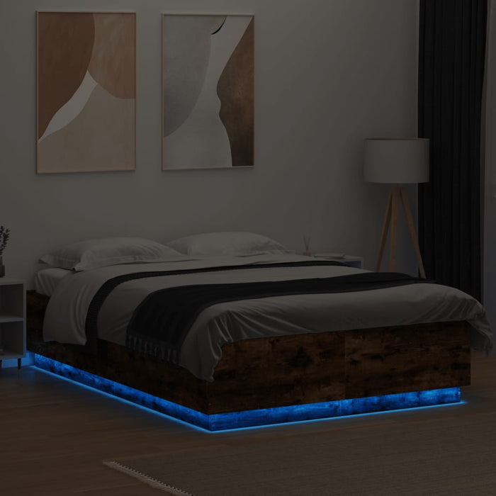 Cadru pat cu lumini LED stejar fumuriu 150x200cm lemn prelucrat - WALTI WALTI