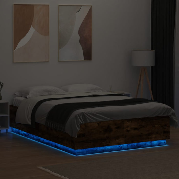 Cadru pat cu lumini LED stejar fumuriu 140x200cm lemn prelucrat - WALTI WALTI