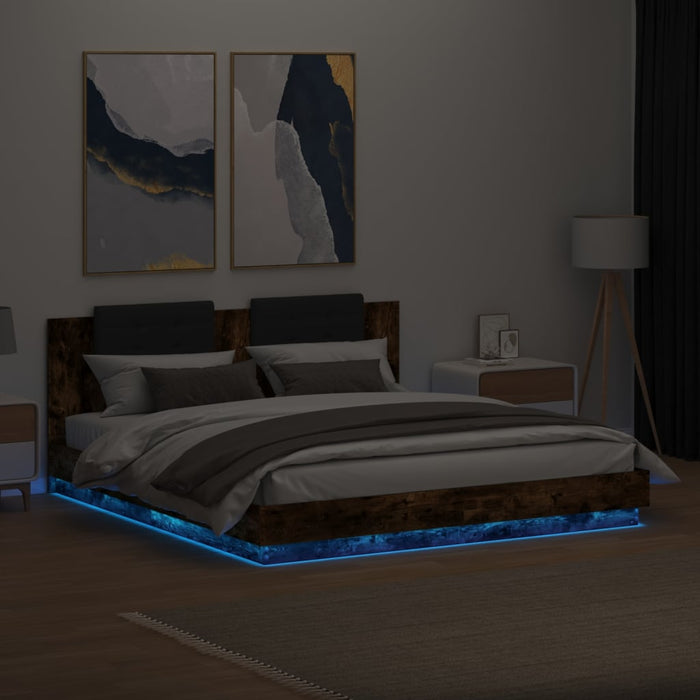 Cadru de pat cu tăblie și lumini LED, stejar fumuriu, 200x200cm - WALTI WALTI