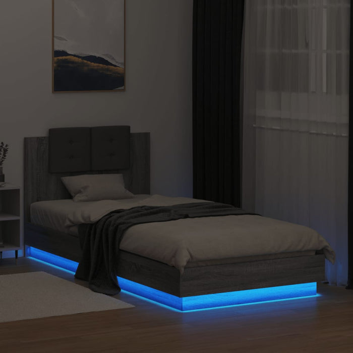 Cadru de pat cu tăblie și lumini LED, gri sonoma, 90x200 cm WALTI