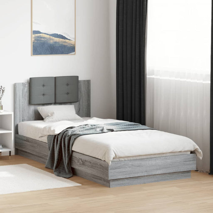 Cadru de pat cu tăblie și lumini LED, gri sonoma, 90x200 cm WALTI