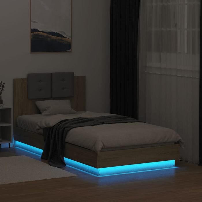 Cadru de pat cu tăblie și lumini LED, stejar sonoma, 75x190 cm WALTI