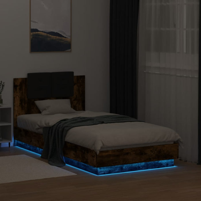 Cadru de pat cu tăblie și lumini LED, stejar fumuriu, 75x190 cm WALTI