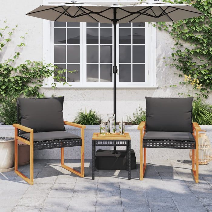 Set bistro cu perne, 3 piese, negru, poliratan și lemn acacia - WALTI WALTI