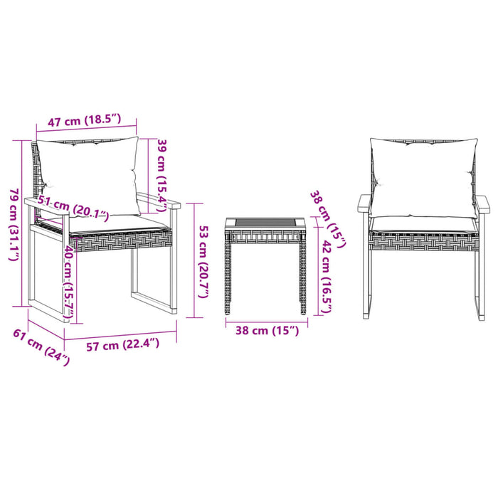 Set bistro cu perne, 3 piese, negru, poliratan și lemn acacia - WALTI WALTI