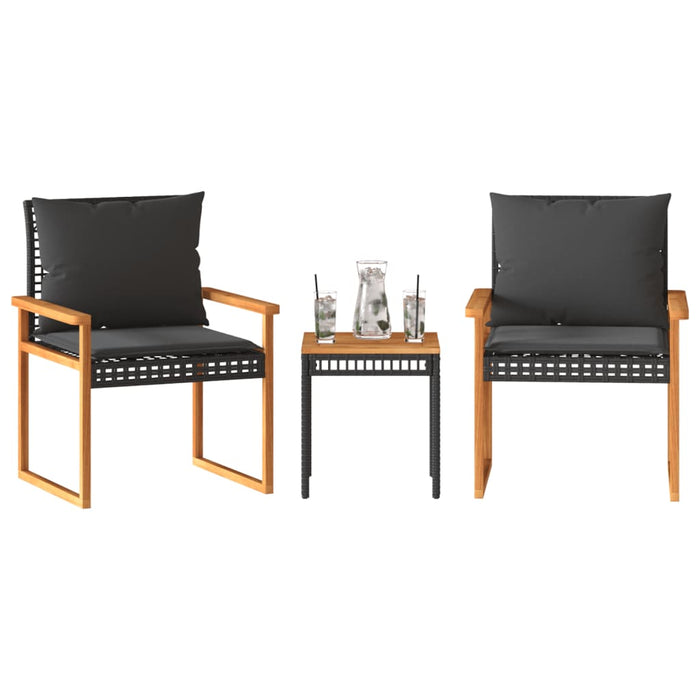 Set bistro cu perne, 3 piese, negru, poliratan și lemn acacia - WALTI WALTI