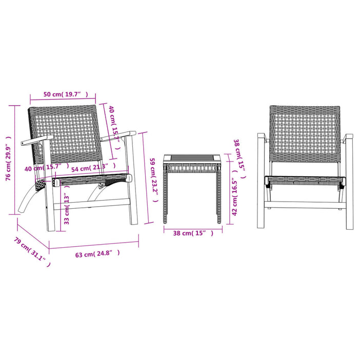 Set mobilier bistro, 3 piese, poliratan negru/lemn de acacia - WALTI WALTI