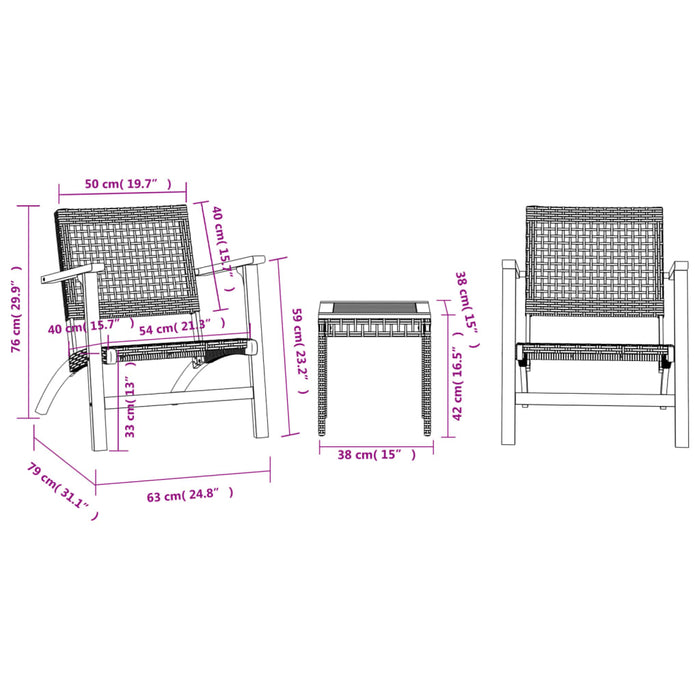 Set mobilier bistro, 3 piese, poliratan bej/lemn de acacia - WALTI WALTI
