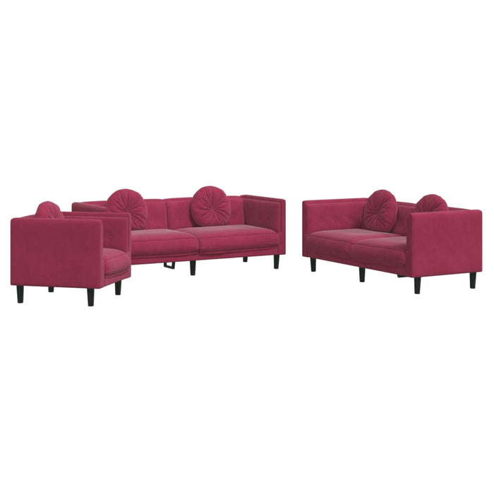 Set canapele cu perne, 3 piese, roșu vin, catifea WALTI