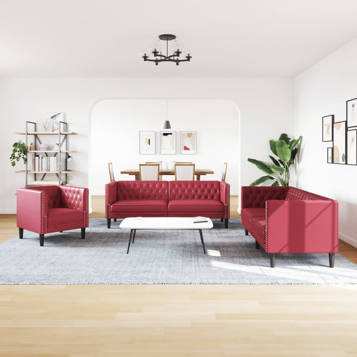 Set canapele Chesterfield cu 3 locuri roșu vin piele eco. WALTI