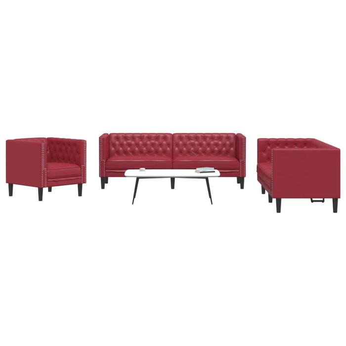 Set canapele Chesterfield cu 3 locuri roșu vin piele eco. WALTI