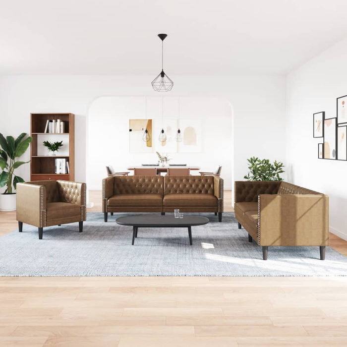 Set canapele Chesterfield cu 3 locuri, maro piele întoarsă eco. WALTI