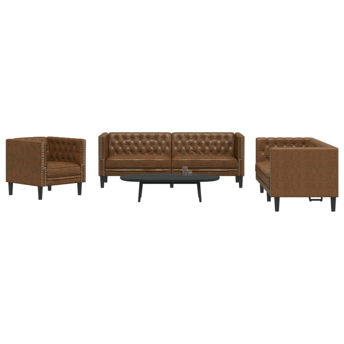 Set canapele Chesterfield cu 3 locuri, maro piele întoarsă eco. WALTI