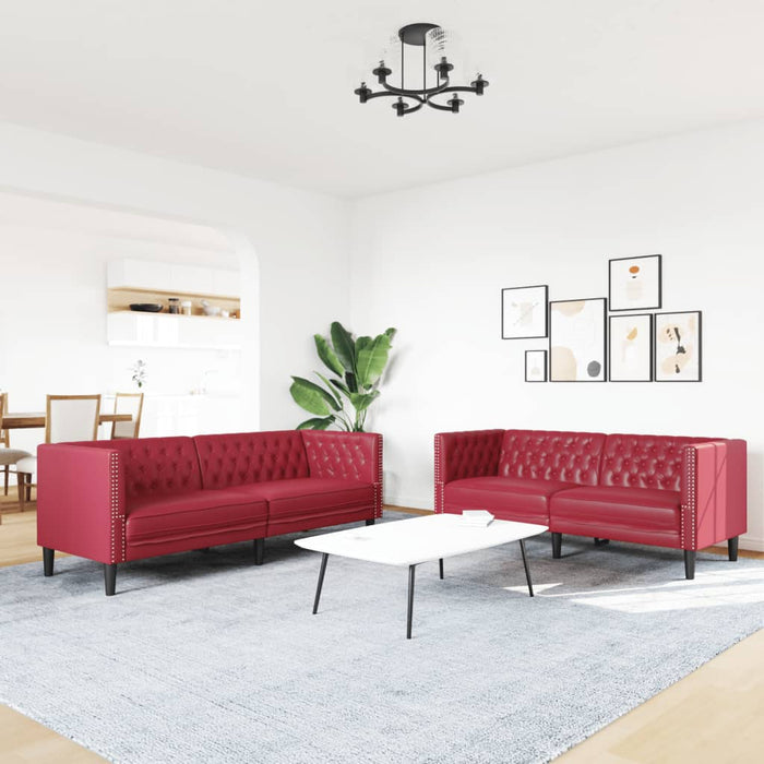 Set canapele Chesterfield cu 2 locuri roșu vin piele eco. WALTI