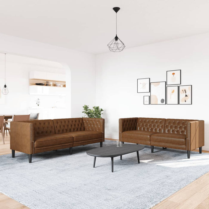 Set canapele Chesterfield cu 2 locuri, maro piele întoarsă eco. WALTI