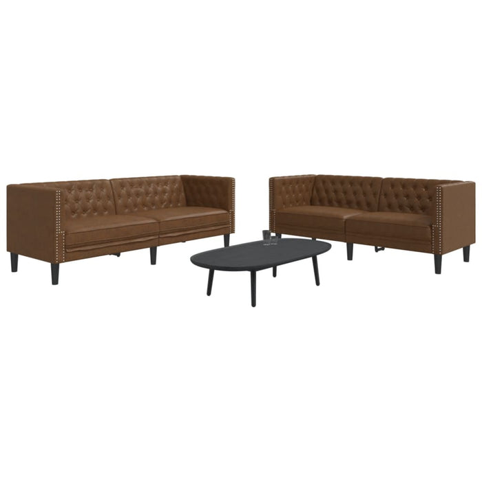 Set canapele Chesterfield cu 2 locuri, maro piele întoarsă eco. WALTI