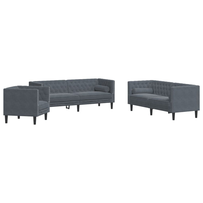 Set canapele Chesterfield cu perne rulou, 3 piese, gri, catifea - WALTI WALTI
