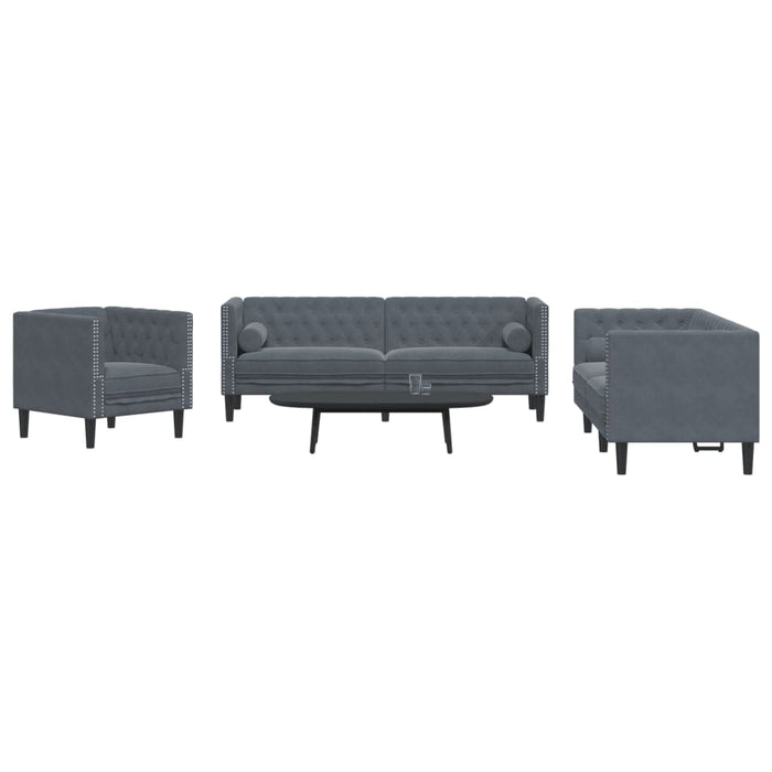 Set canapele Chesterfield cu perne rulou, 3 piese, gri, catifea - WALTI WALTI
