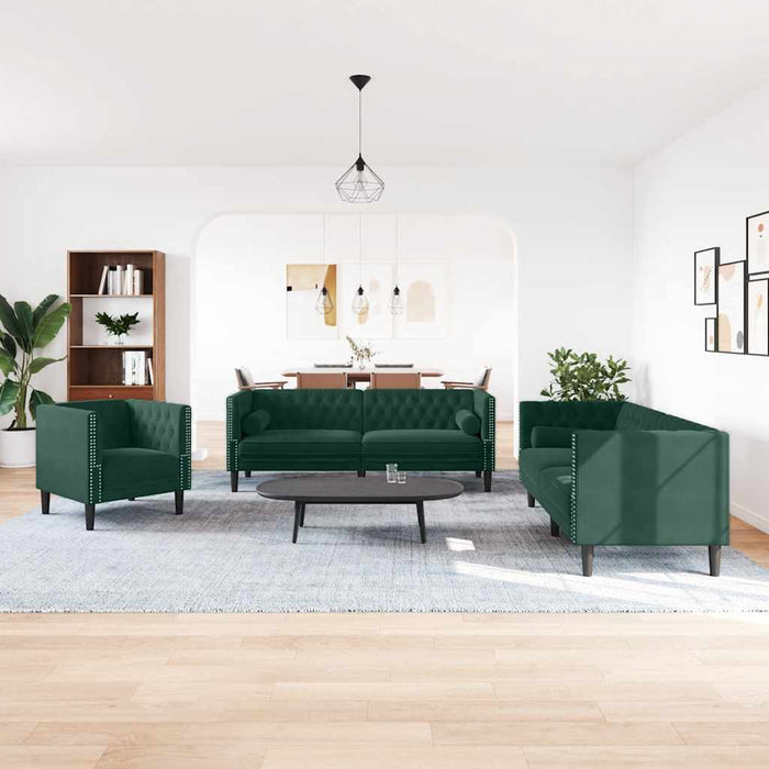 Set canapele Chesterfield cu perne rulou 3 piese verde catifea - WALTI WALTI