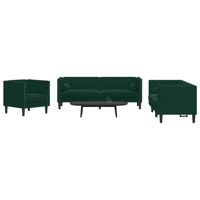 Set canapele Chesterfield cu perne rulou 3 piese verde catifea - WALTI WALTI