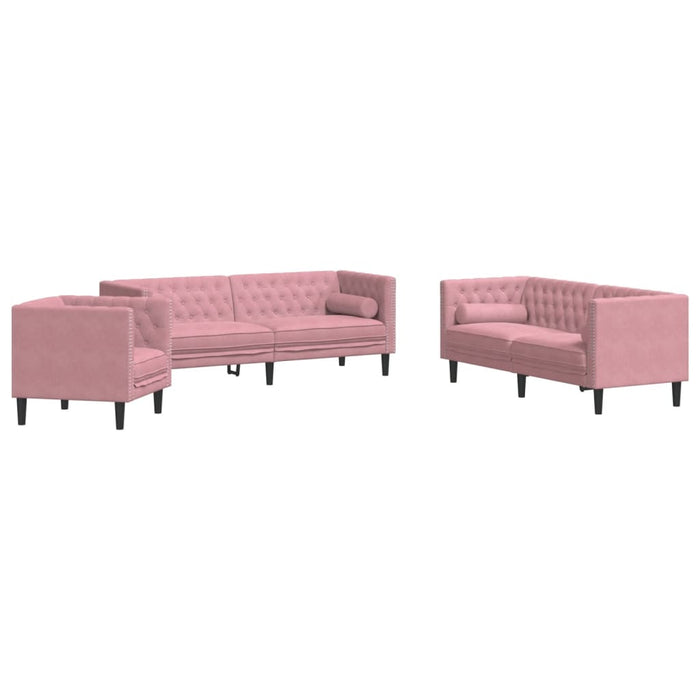 Set canapele Chesterfield cu perne rulou, 3 piese, roz, catifea WALTI