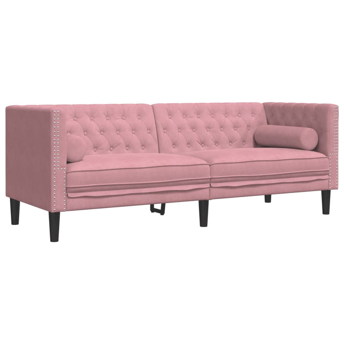 Set canapele Chesterfield cu perne rulou, 3 piese, roz, catifea WALTI