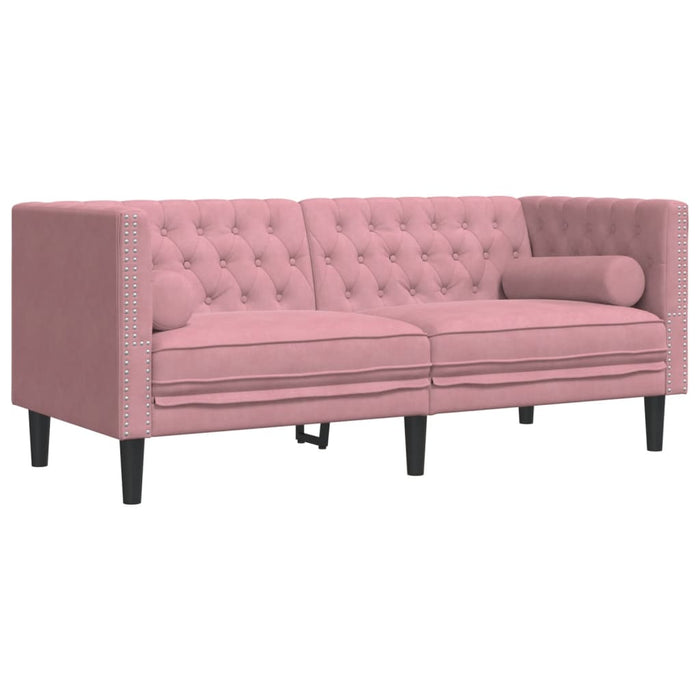 Set canapele Chesterfield cu perne rulou, 3 piese, roz, catifea WALTI