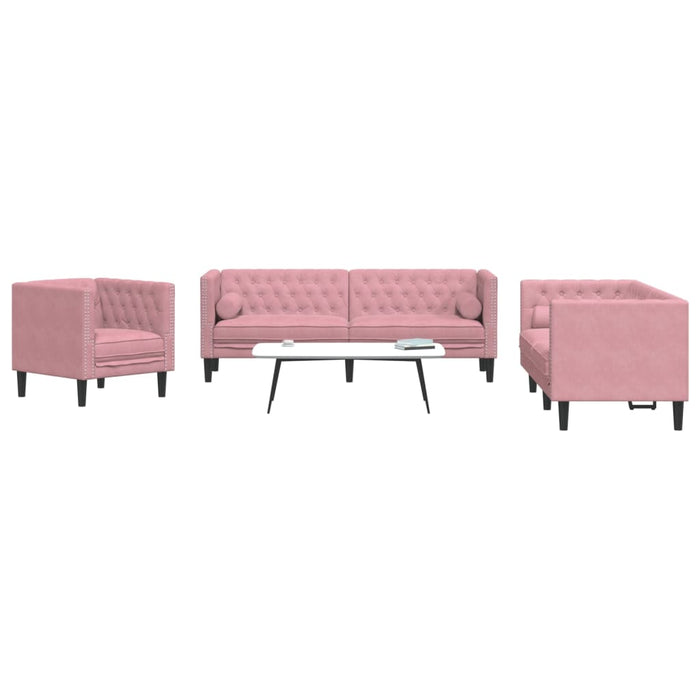 Set canapele Chesterfield cu perne rulou, 3 piese, roz, catifea WALTI