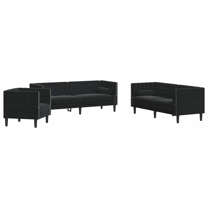 Set canapele Chesterfield cu perne rulou 3 piese negru catifea - WALTI WALTI