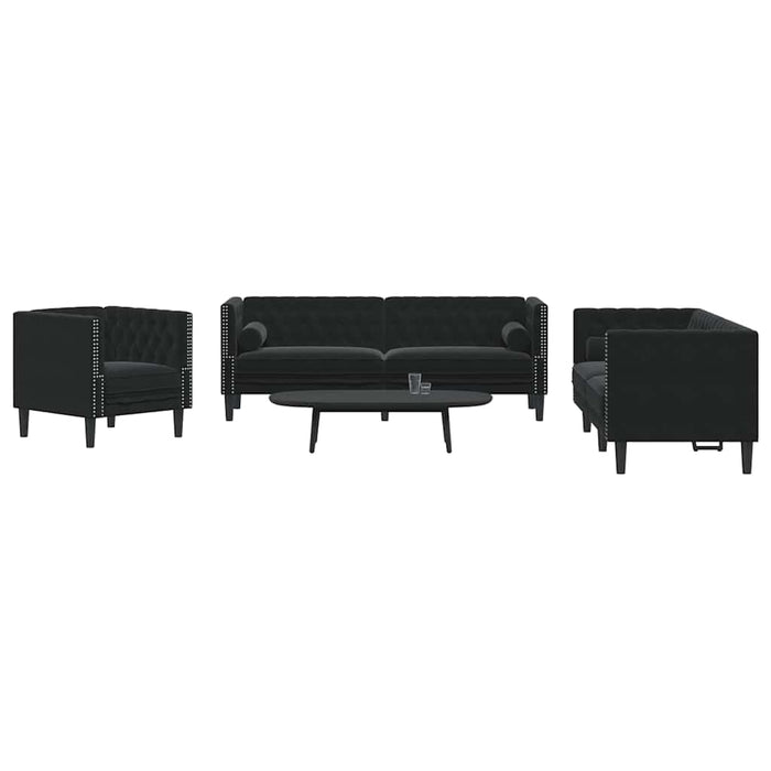 Set canapele Chesterfield cu perne rulou 3 piese negru catifea - WALTI WALTI