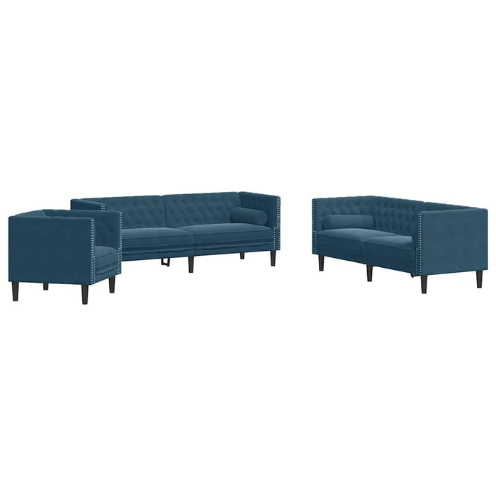Set canapele Chesterfield perne rulou 3 piese albastru catifea - WALTI WALTI