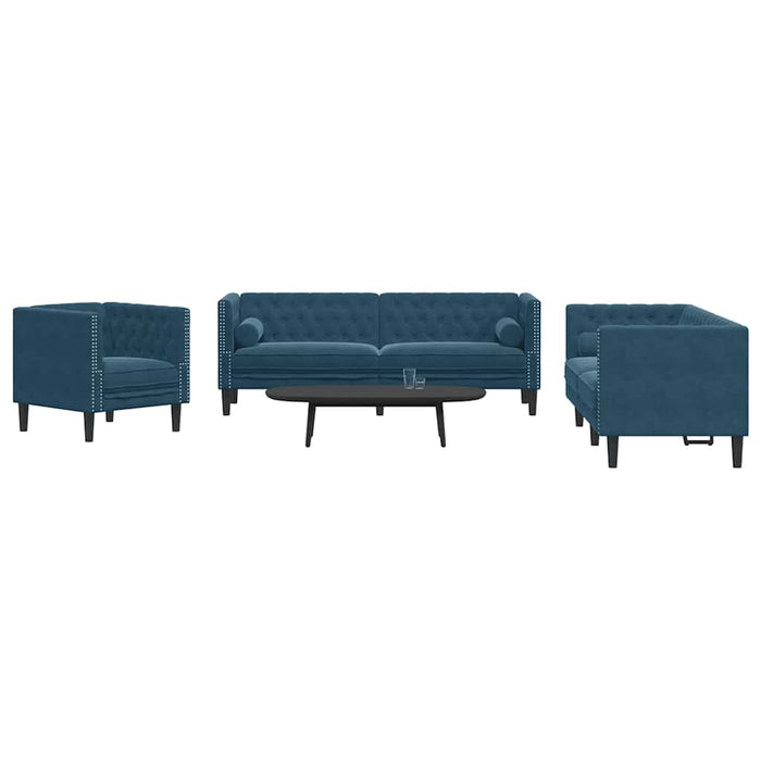 Set canapele Chesterfield perne rulou 3 piese albastru catifea - WALTI WALTI