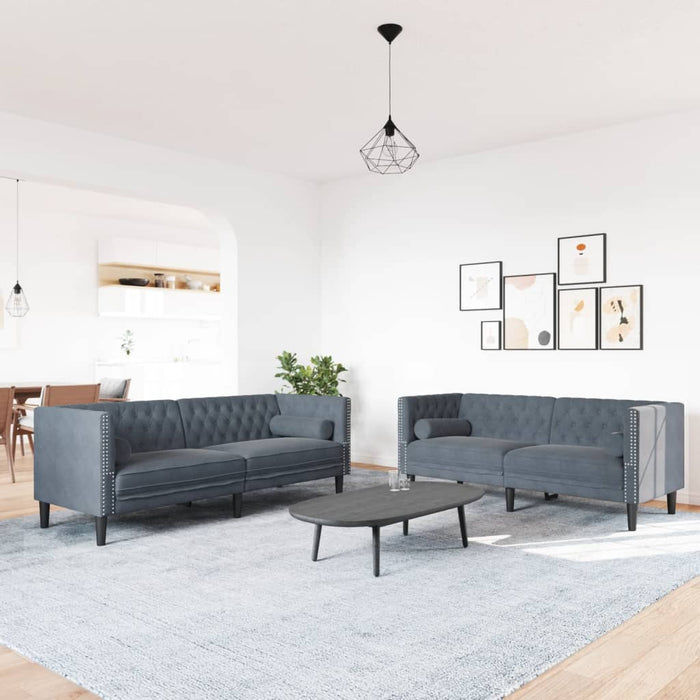Set canapele Chesterfield cu perne rulou, 2 piese, gri, catifea - WALTI WALTI