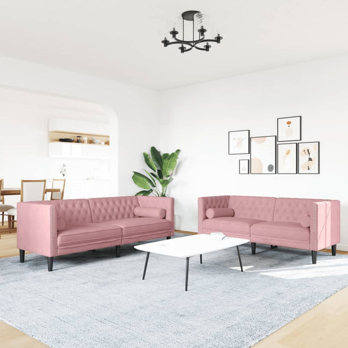 Set canapele Chesterfield cu perne rulou, 2 piese, roz, catifea - WALTI WALTI