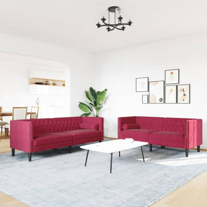 Set canapele Chesterfield perne rulou 2 piese roșu vin catifea - WALTI WALTI