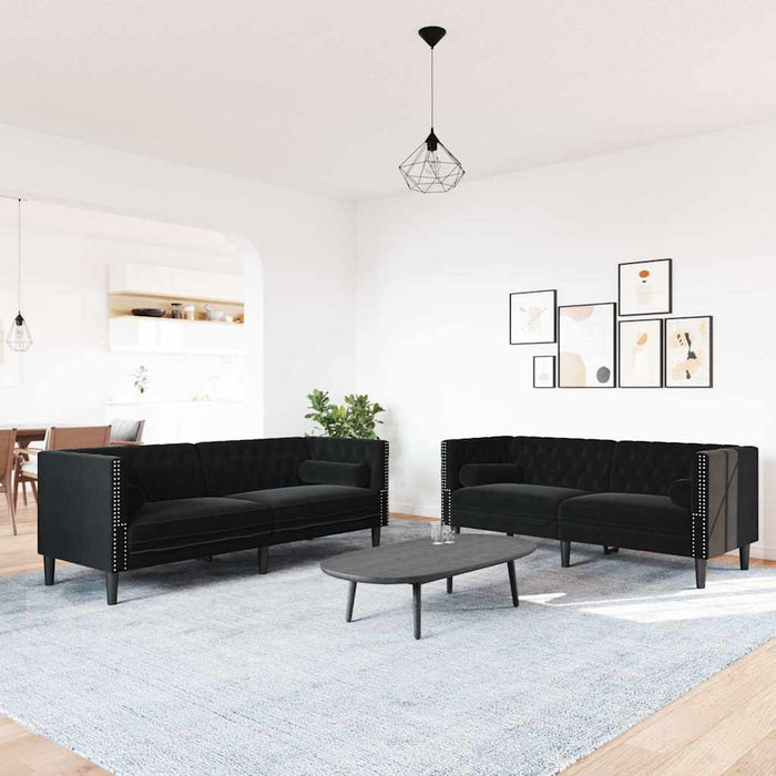 Set canapele Chesterfield cu perne rulou 2 piese negru catifea - WALTI WALTI
