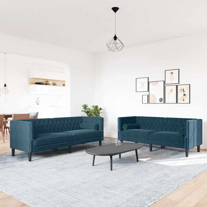 Set canapele Chesterfield perne rulou 2 piese albastru catifea - WALTI WALTI