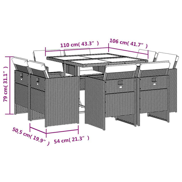 Set mobilier de grădină cu perne, 9 piese, maro, poliratan WALTI
