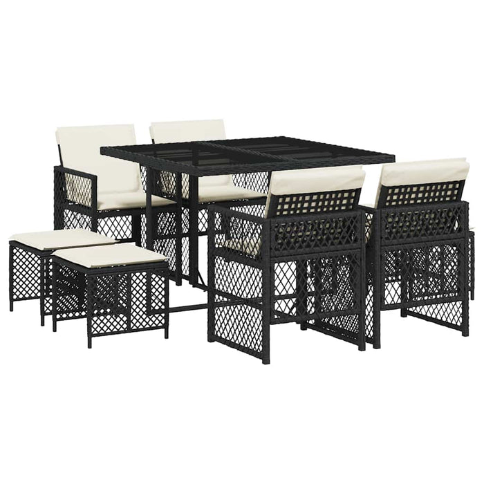 Set mobilier de grădină cu perne, 9 piese, negru, poliratan WALTI