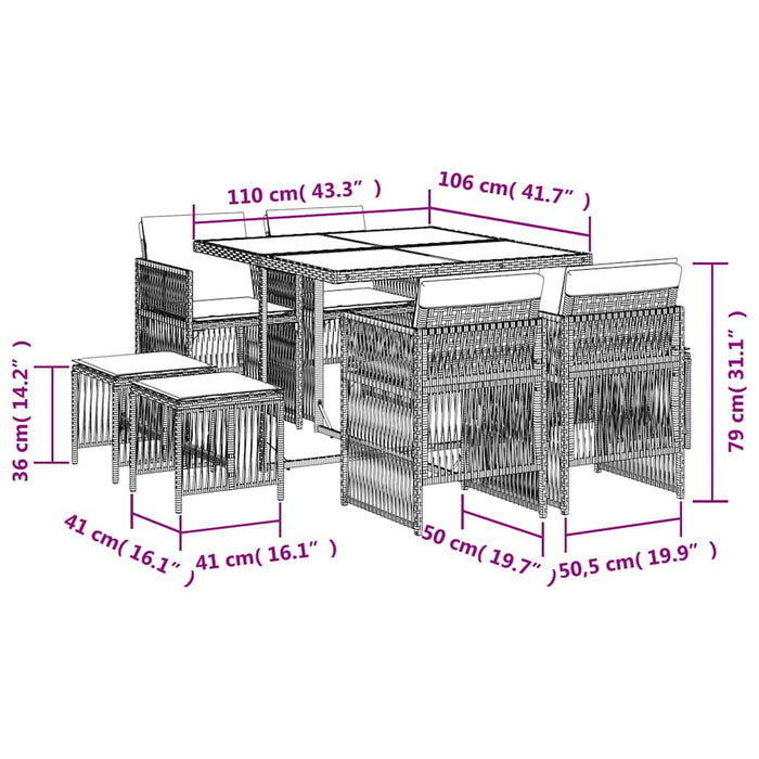 Set mobilier de grădină cu perne, 9 piese, maro, poliratan WALTI