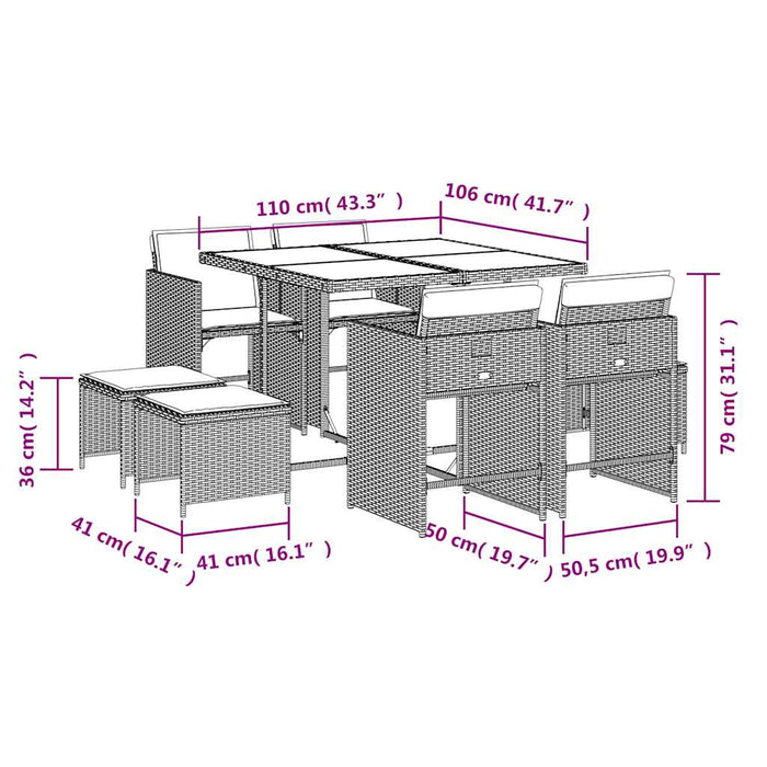Set mobilier de grădină cu perne, 9 piese, maro, poliratan WALTI